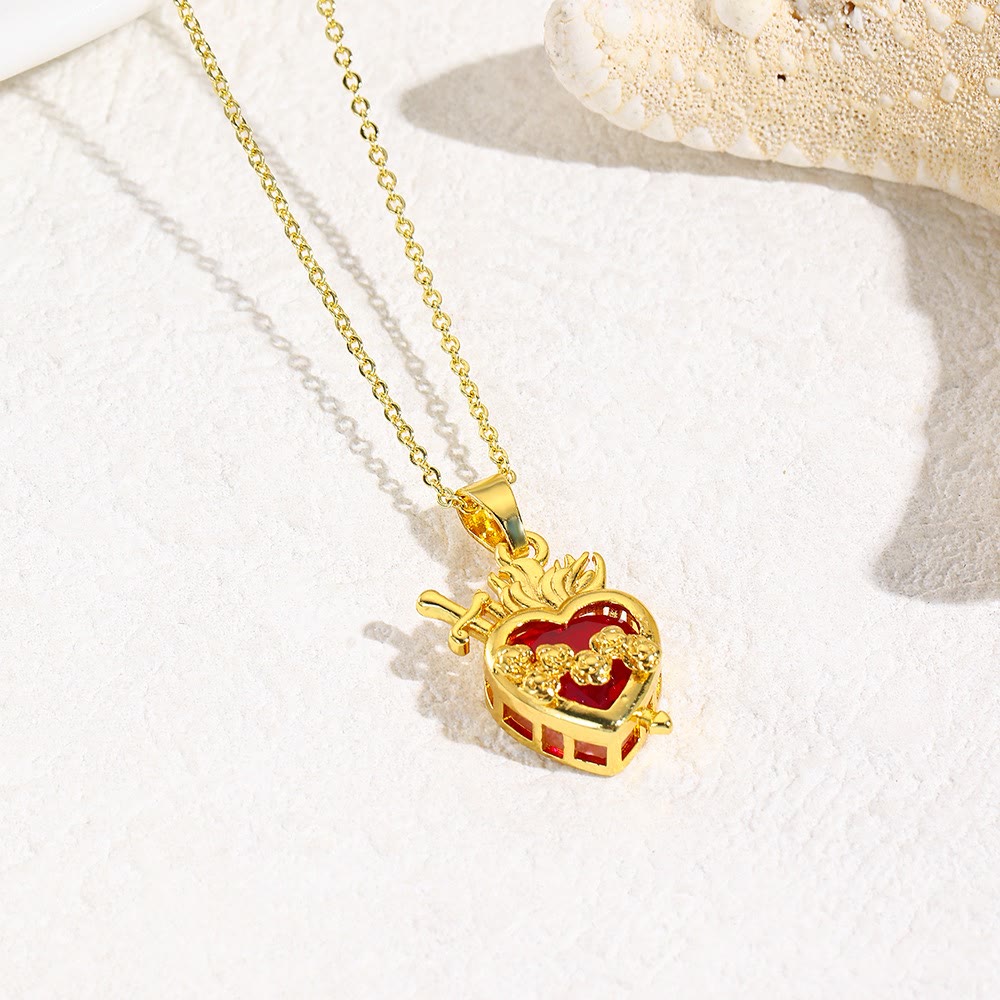 FREE Today: Christian Art Modern Style Crafted Red Gemstones Sacred Heart of Jesus Pendant Necklace