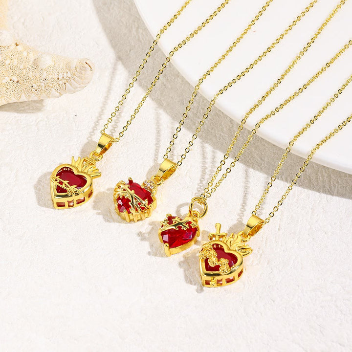 FREE Today: Christian Art Modern Style Crafted Red Gemstones Sacred Heart of Jesus Pendant Necklace
