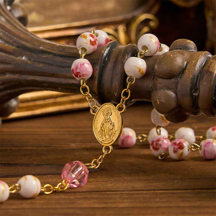 FREE Today: Miraculous Medal & Crucifix of 8 mm Round Floral Pink Ceramic Alloy Chain Rosary