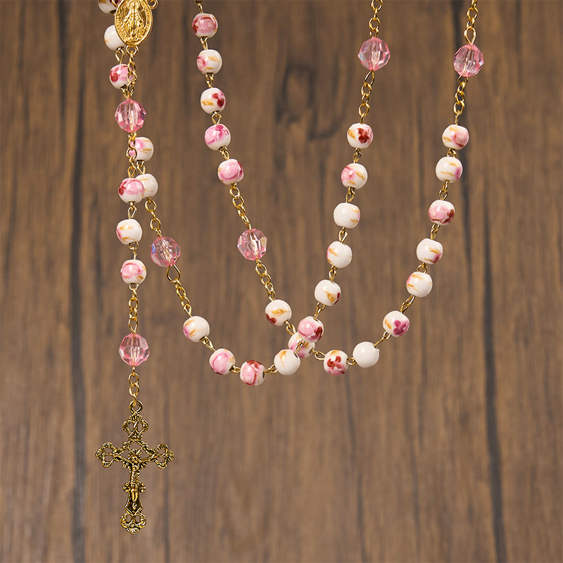 FREE Today: Miraculous Medal & Crucifix of 8 mm Round Floral Pink Ceramic Alloy Chain Rosary