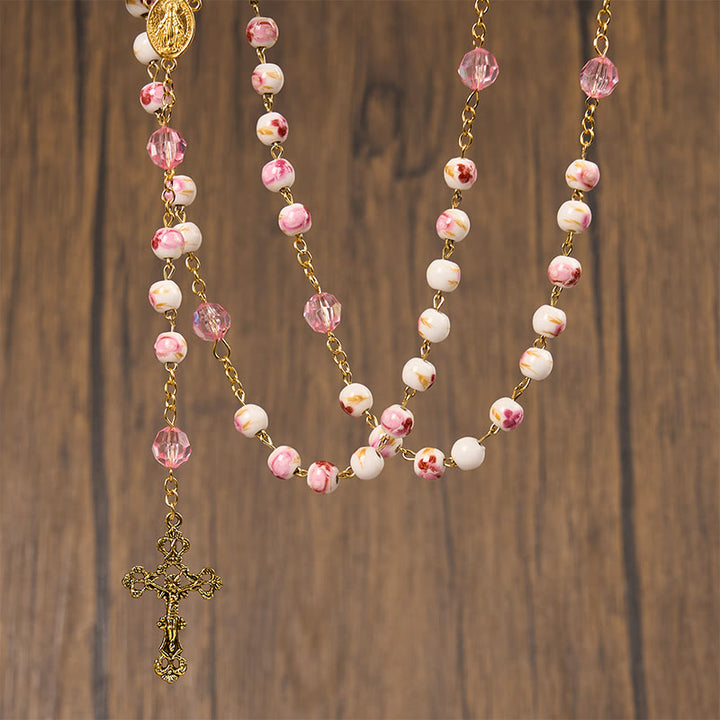 FREE Today: Miraculous Medal & Crucifix of 8 mm Round Floral Pink Ceramic Alloy Chain Rosary