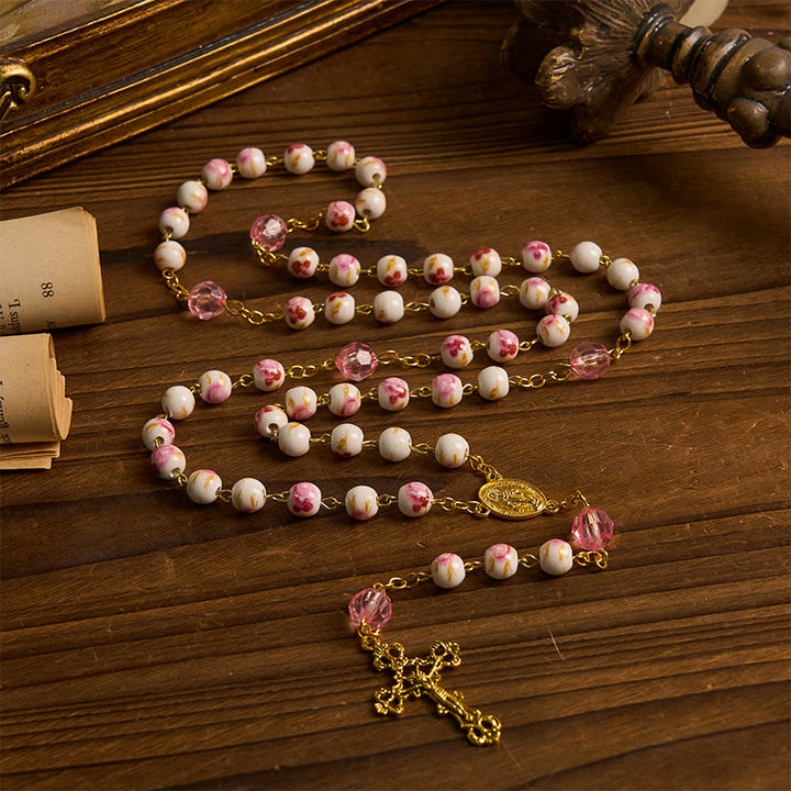 Christianartworkshop Miraculous Medal & Crucifix of 8 mm Round Floral Pink Ceramic Alloy Chain Rosary