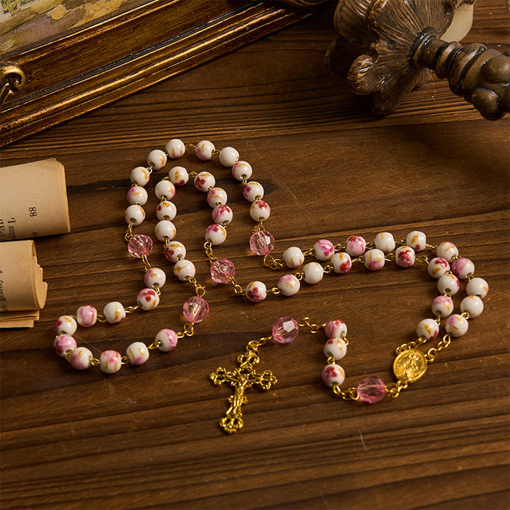 Christianartworkshop Miraculous Medal & Crucifix of 8 mm Round Floral Pink Ceramic Alloy Chain Rosary