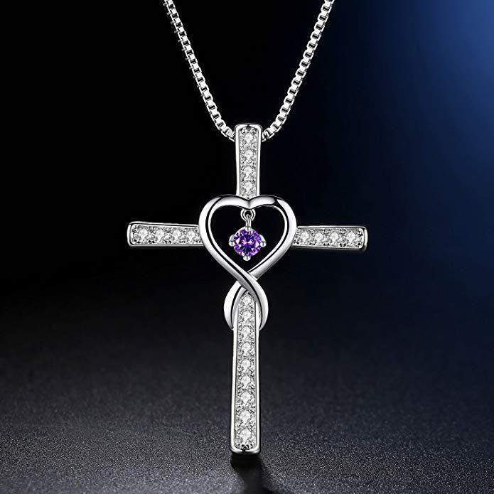 Christianartworkshop 12-Month Birthstone Cross Necklace with Heart Design and Sparkling Accents - February - image 3