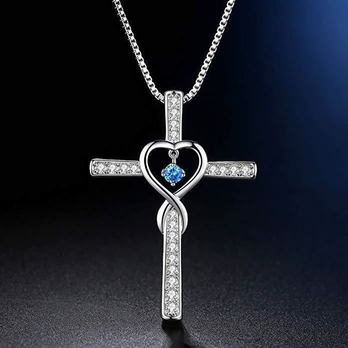 Christianartworkshop 12-Month Birthstone Cross Necklace with Heart Design and Sparkling Accents - March - image 4