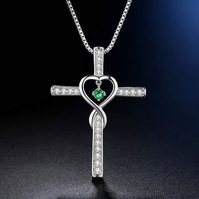 Christianartworkshop 12-Month Birthstone Cross Necklace with Heart Design and Sparkling Accents - May - image 6