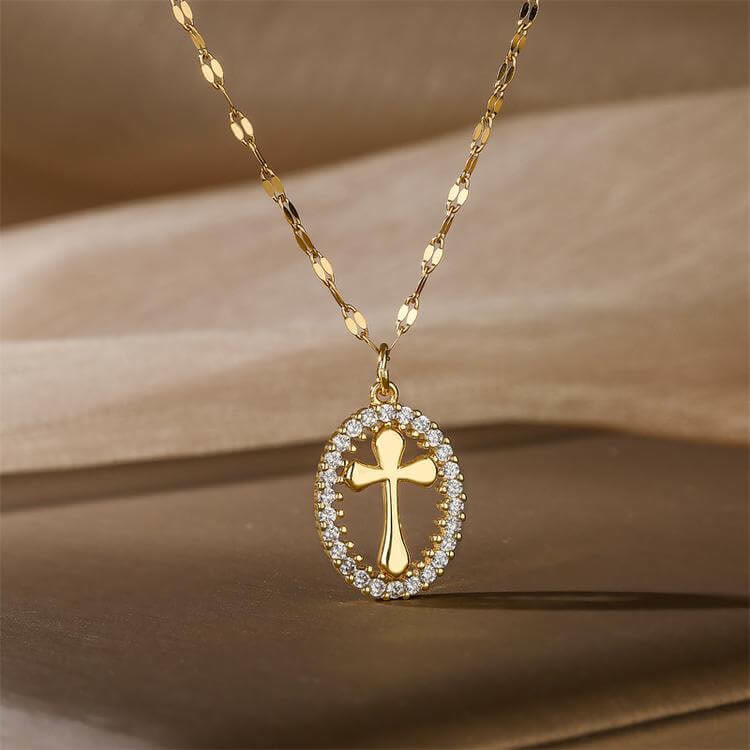 Christianartworkshop Elegant Oval Cross Necklace with Crystal Halo: A Precious Gift of Faith - Cross - image 1
