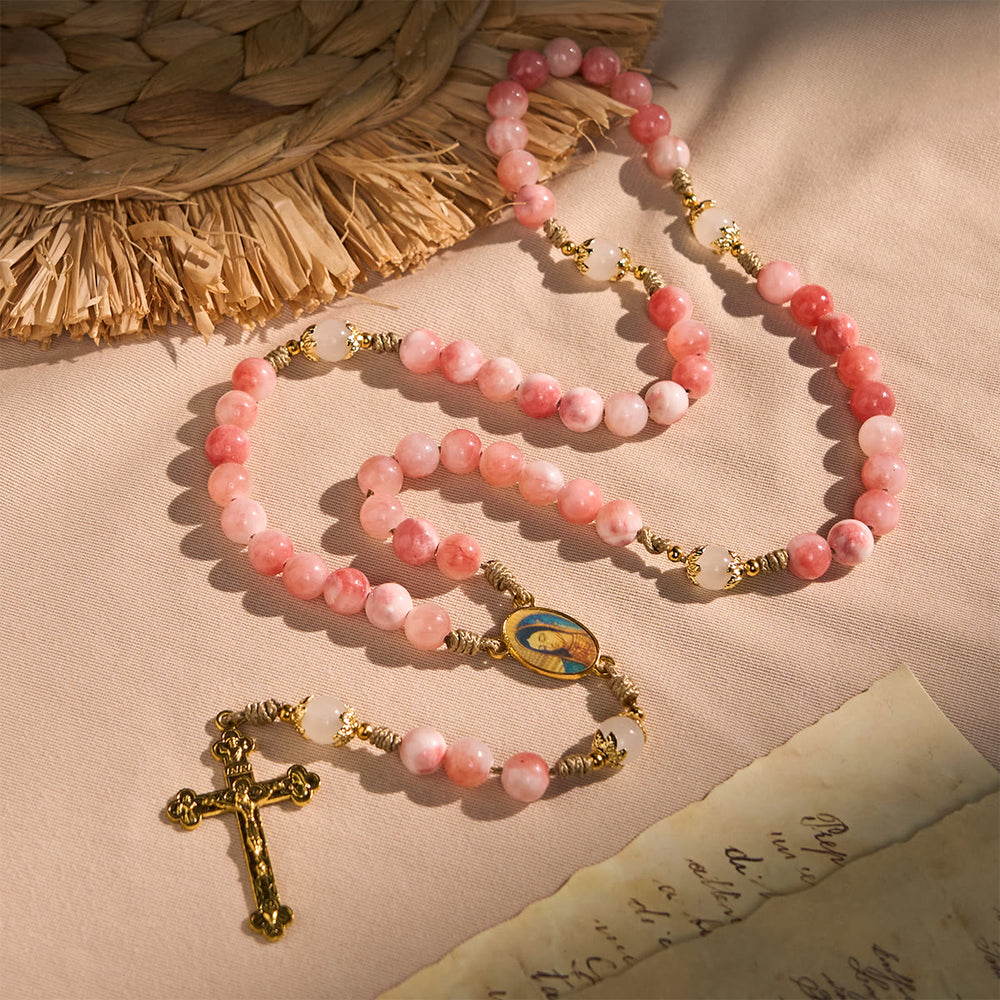 Christianartworkshop Handmade Pink Glossy Beads Rosary with Brass Crucifix and Our Lady Charm - image 2