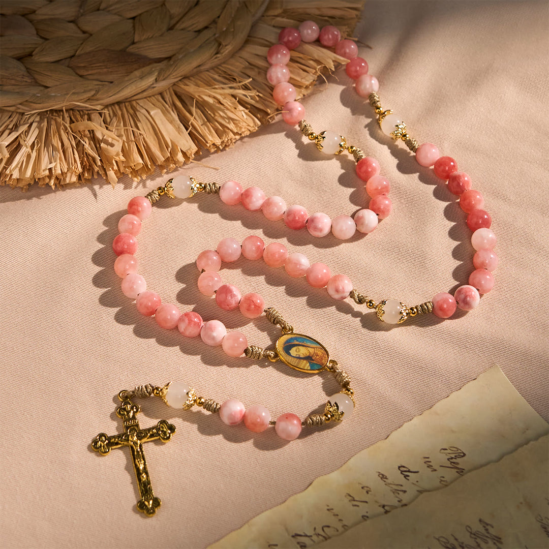 FREE Today: Handmade Pink Persian Jade Rosary with Brass Crucifix and Our Lady Charm - image 2