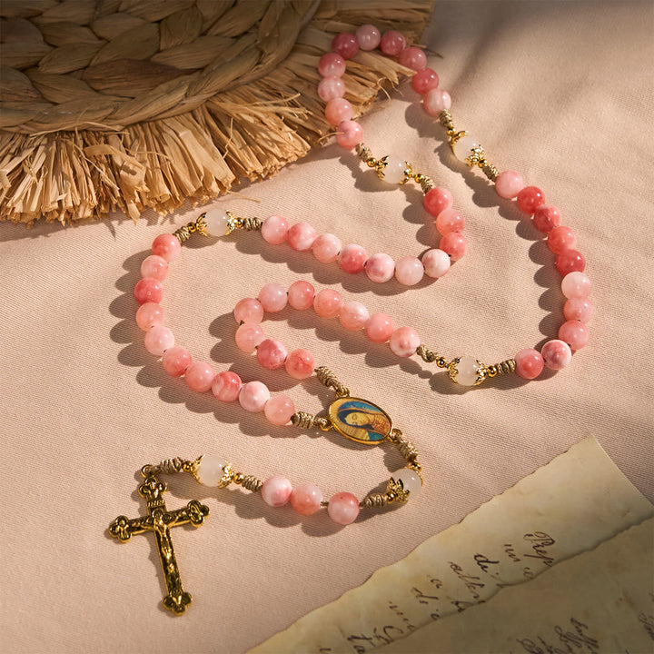 FREE Today: Handmade Pink Persian Jade Rosary with Brass Crucifix and Our Lady Charm - image 2