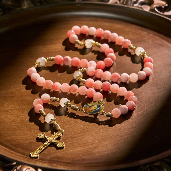 FREE Today: Handmade Pink Persian Jade Rosary with Brass Crucifix and Our Lady Charm - image 3