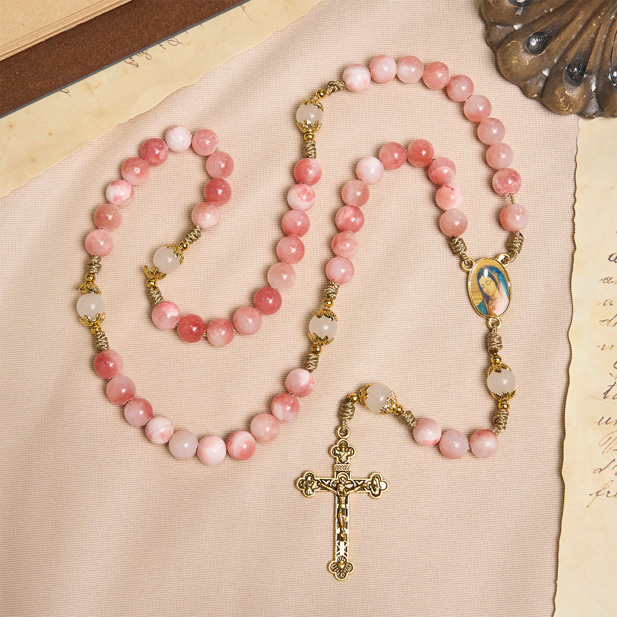 FREE Today: Handmade Pink Persian Jade Rosary with Brass Crucifix