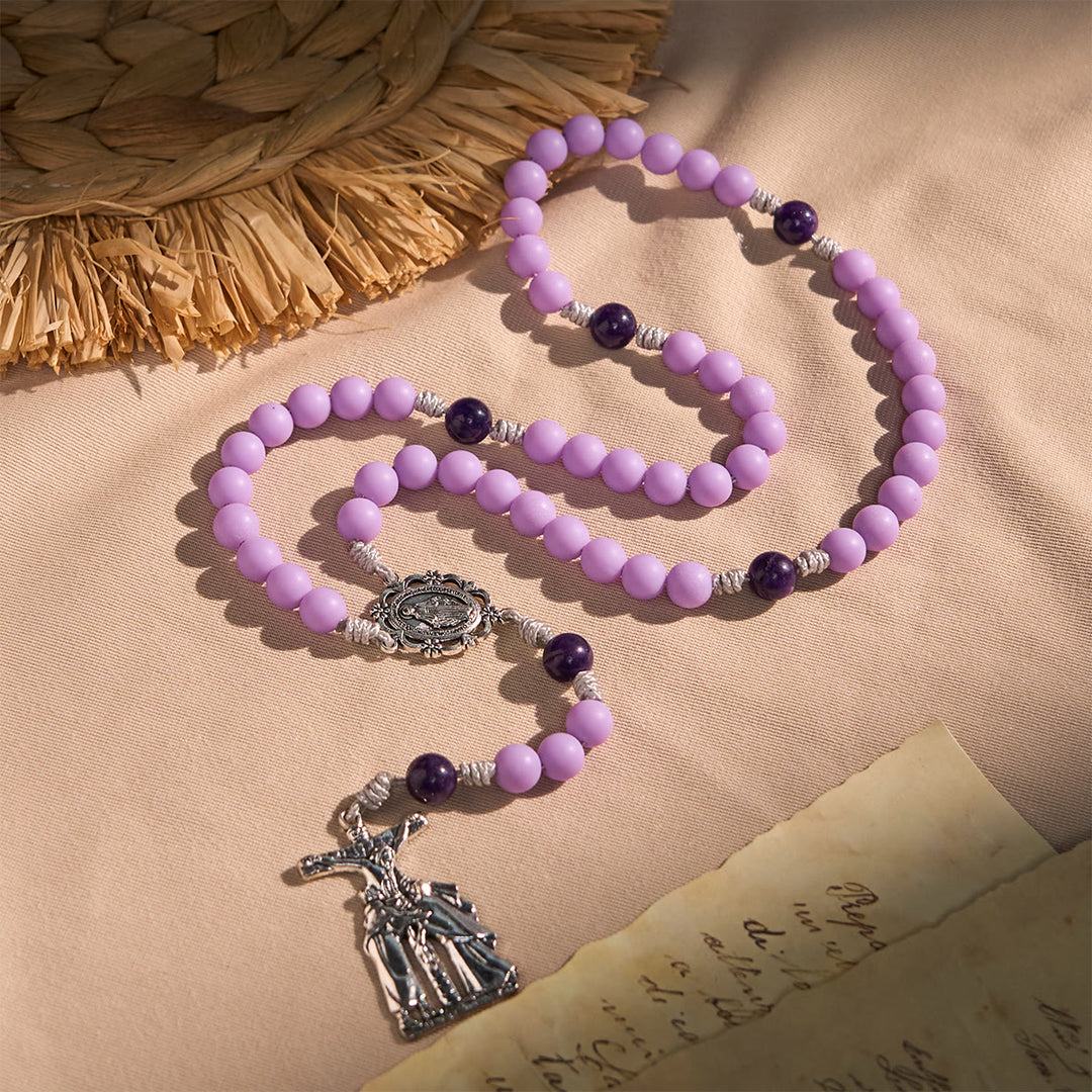 Christianartworkshop Lavender Matte Rosary Adorned with Crucifix Scene and Miraculous Medal - Our Lady & Crucifix - image 1