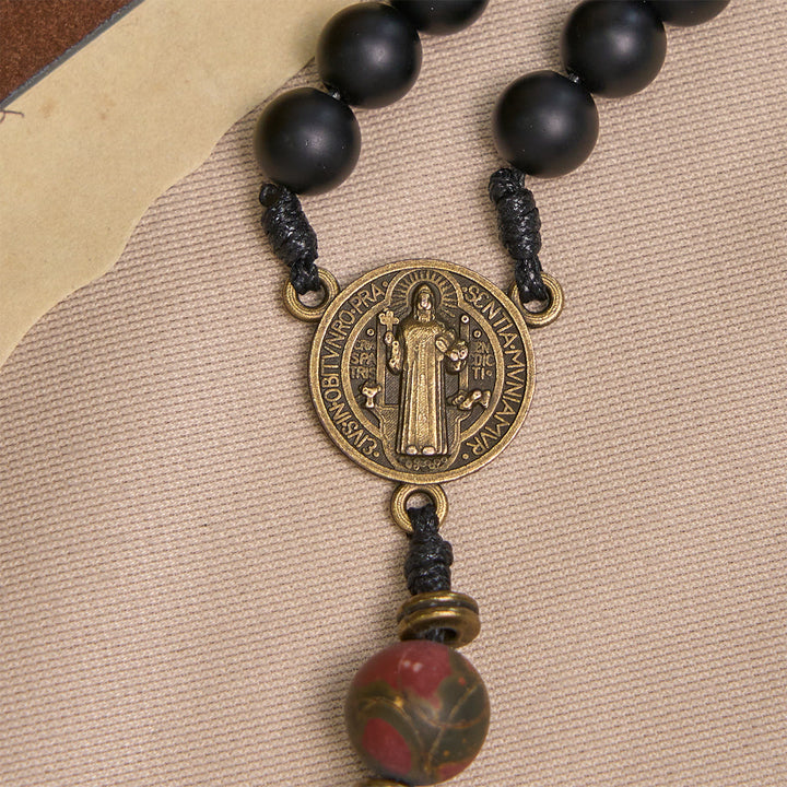 Christianartworkshop Handcrafted Matte Black and Earth-Tone Rosary Featuring St. Benedict - image 6