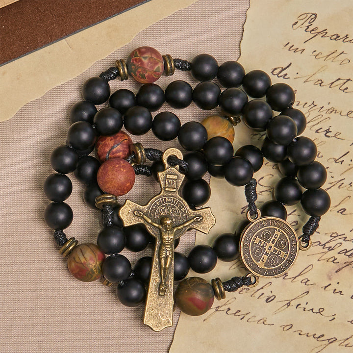 Christianartworkshop Handcrafted Matte Black and Earth-Tone Rosary Featuring St. Benedict - image 5
