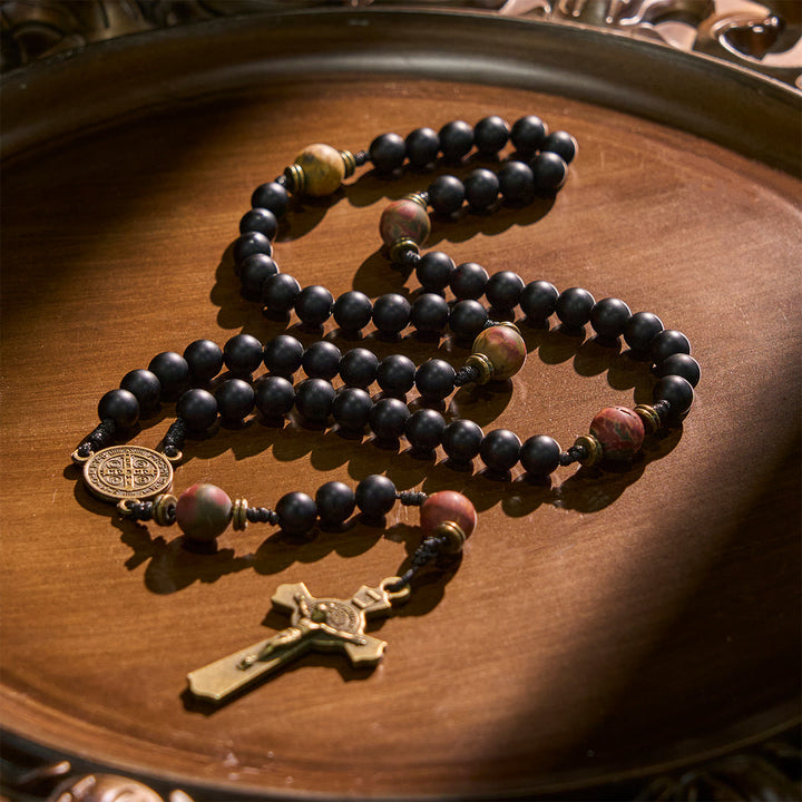 Christianartworkshop Handcrafted Matte Black and Earth-Tone Rosary Featuring St. Benedict - image 3
