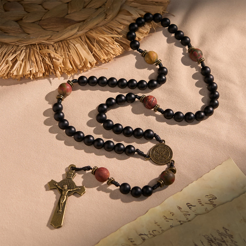 Christianartworkshop Handcrafted Matte Black and Earth-Tone Rosary Featuring St. Benedict - image 2