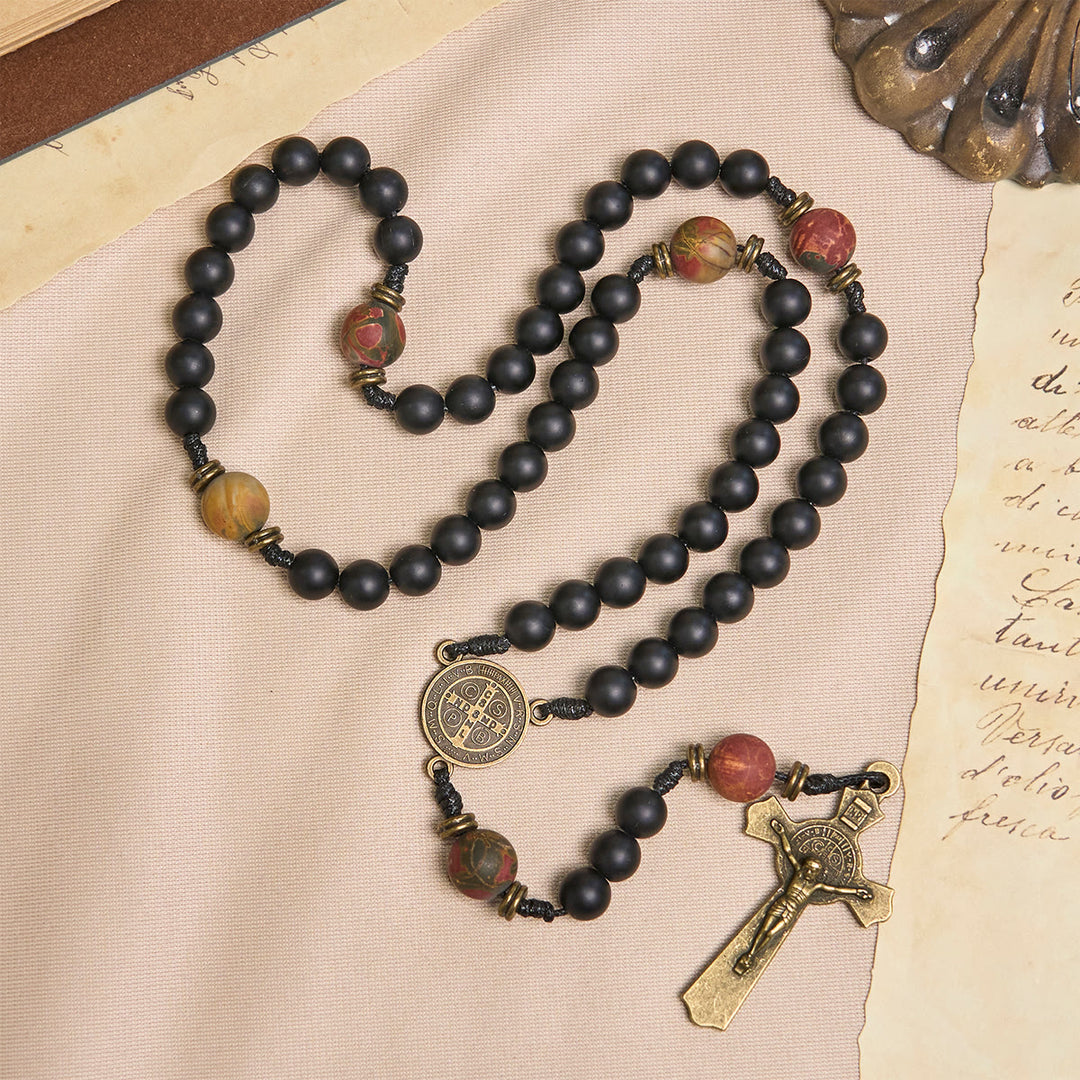 Christianartworkshop Handcrafted Matte Black and Earth-Tone Rosary Featuring St. Benedict - St. Benedict & Crucifix - image 1