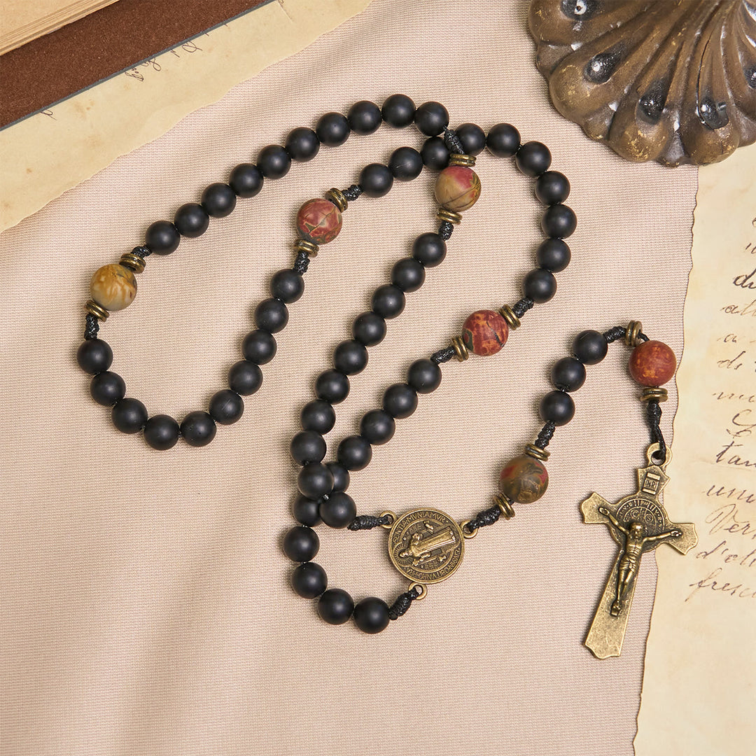 Christianartworkshop Handcrafted Matte Black and Earth-Tone Rosary Featuring St. Benedict - image 4