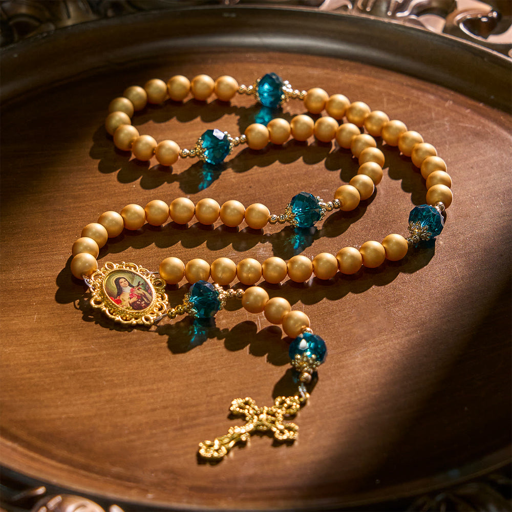 Christianartworkshop Elegant Matte Golden Pearl Rosary with St. Therese and Crucifix - image 2