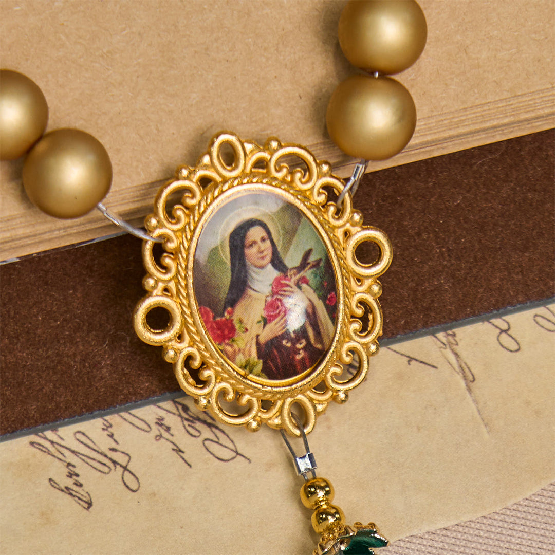Christianartworkshop Elegant Matte Golden Pearl Rosary with St. Therese and Crucifix - image 7