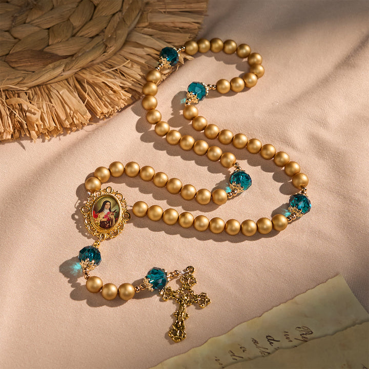 Christianartworkshop Elegant Matte Golden Pearl Rosary with St. Therese and Crucifix - St. Therese & Crucifix - image 1