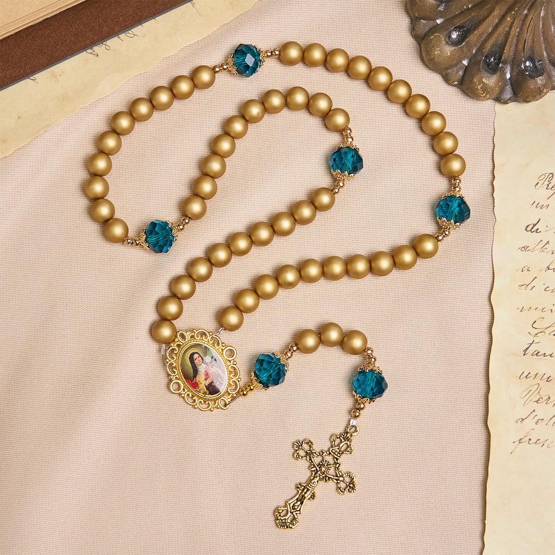 Christianartworkshop Elegant Matte Golden Pearl Rosary with St. Therese and Crucifix - image 5