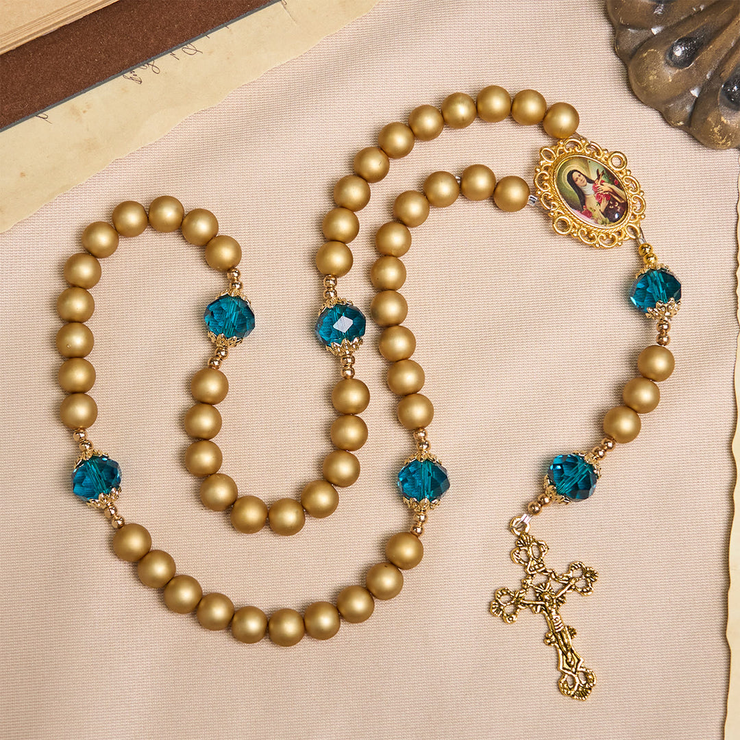 Christianartworkshop Elegant Matte Golden Pearl Rosary with St. Therese and Crucifix - image 6