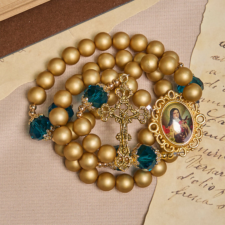 Christianartworkshop Elegant Matte Golden Pearl Rosary with St. Therese and Crucifix - image 10