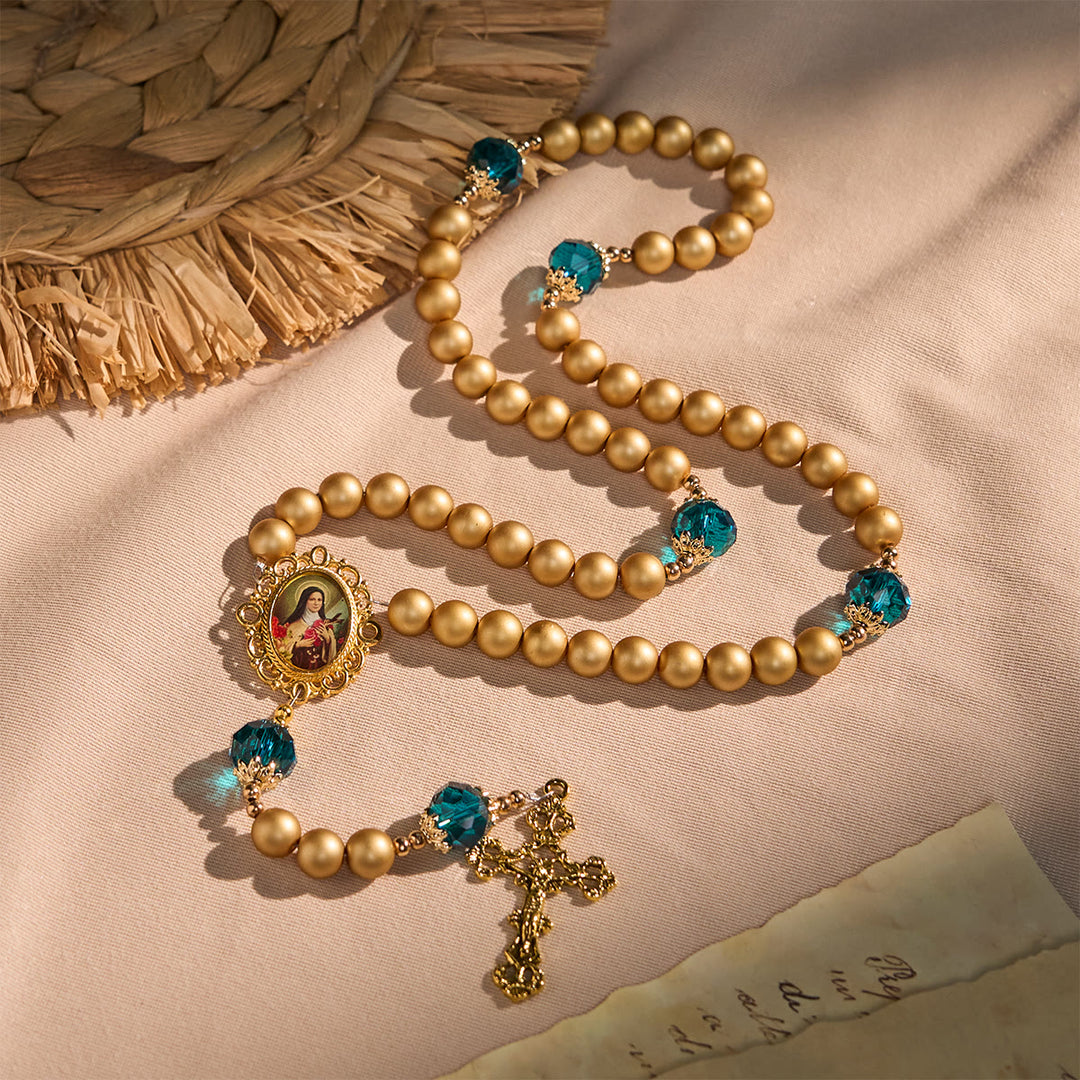 Christianartworkshop Elegant Matte Golden Pearl Rosary with St. Therese and Crucifix - St. Therese & Crucifix - image 1