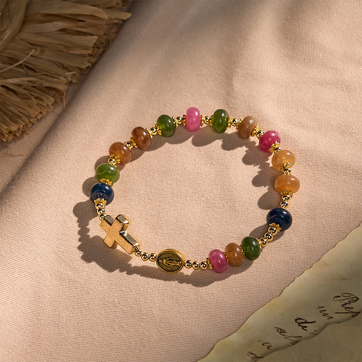 Christianartworkshop Tourmaline Abacus Beads Bracelet Featuring Cross and Miraculous Medal - Multicolor - image 0