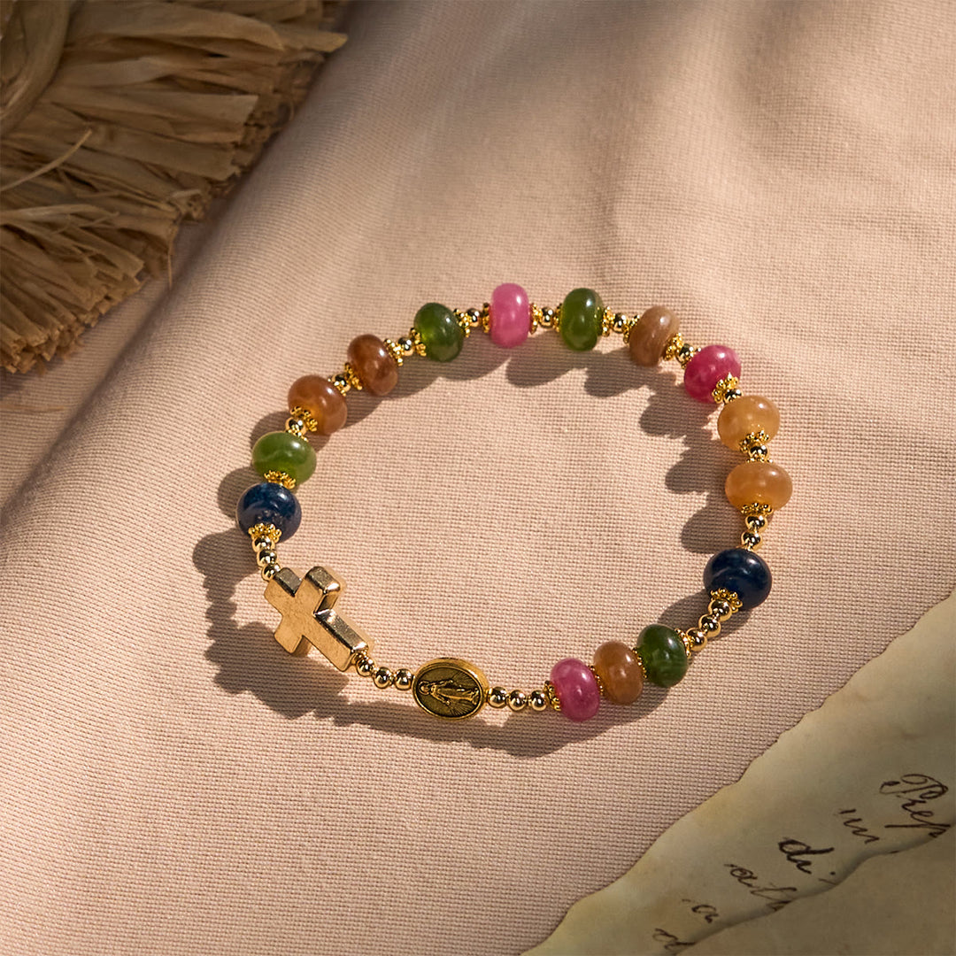 Christianartworkshop Vivid Multicolor Barrel Beads Bracelet Featuring Cross and Miraculous Medal - Tourmaline Agate - image 1