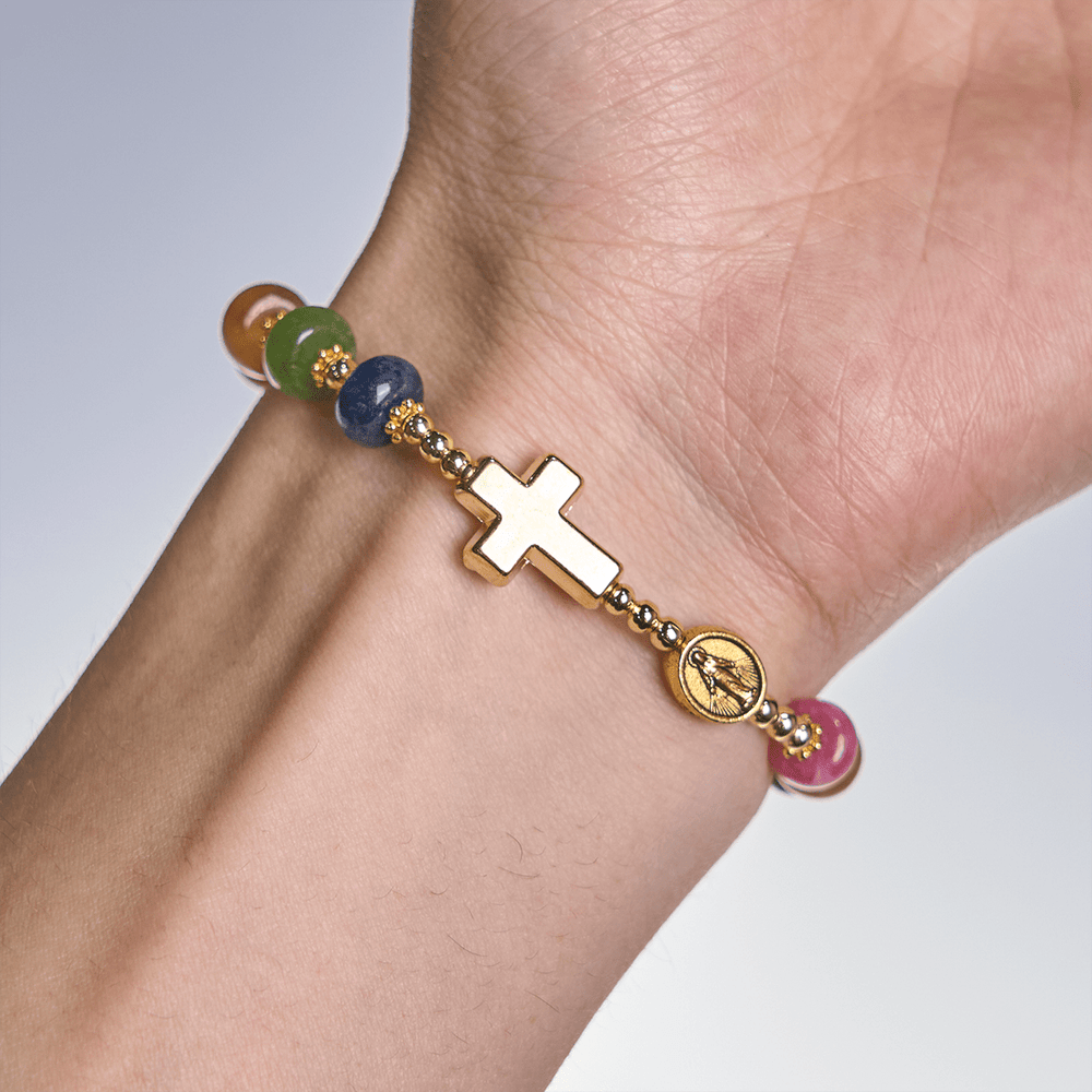 Christianartworkshop Vivid Multicolor Barrel Beads Bracelet Featuring Cross and Miraculous Medal - image 2