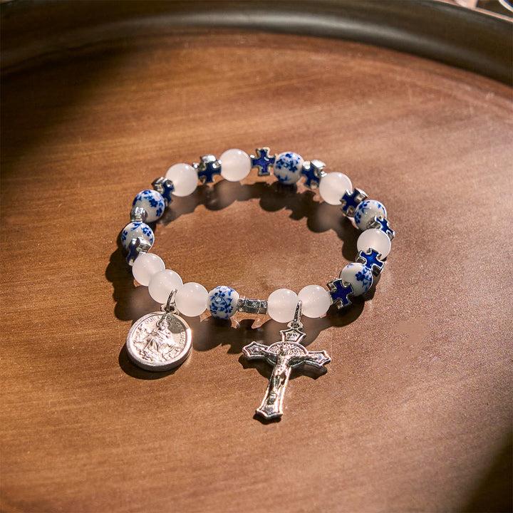 Christianartworkshop Elegant White and Blue Floral Bracelets Adorned by Miraculous Medal & Blue Cross - image 3