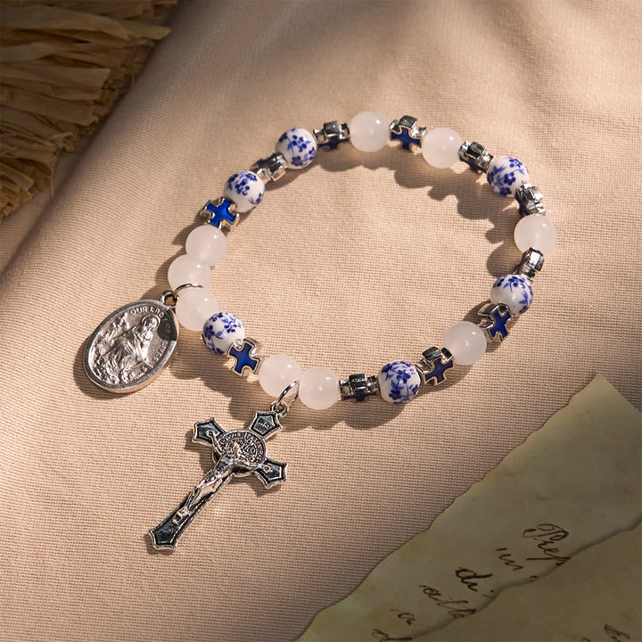 Christianartworkshop Elegant White and Blue Floral Bracelets Adorned by Miraculous Medal & Blue Cross - Blue Floral Beads - image 1