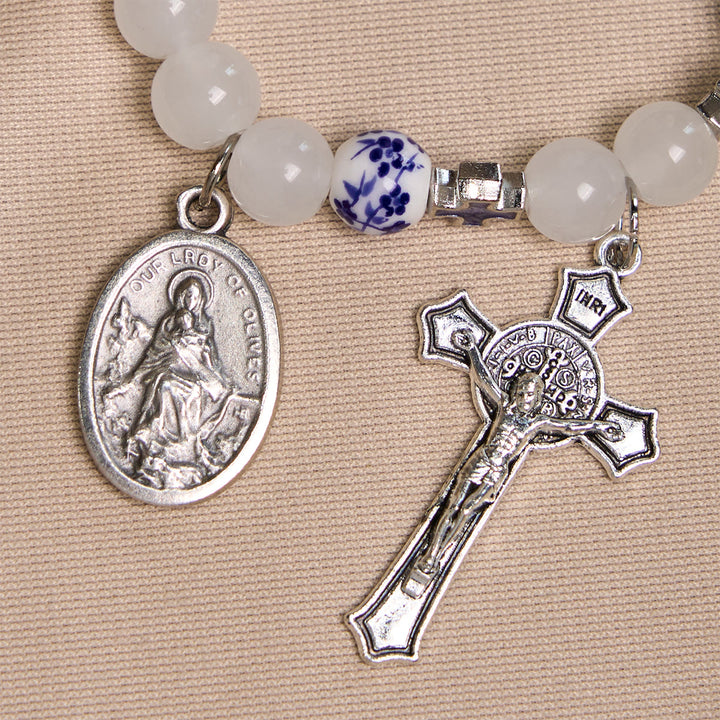 Christianartworkshop Elegant White and Blue Floral Bracelets Adorned by Miraculous Medal & Blue Cross - image 5