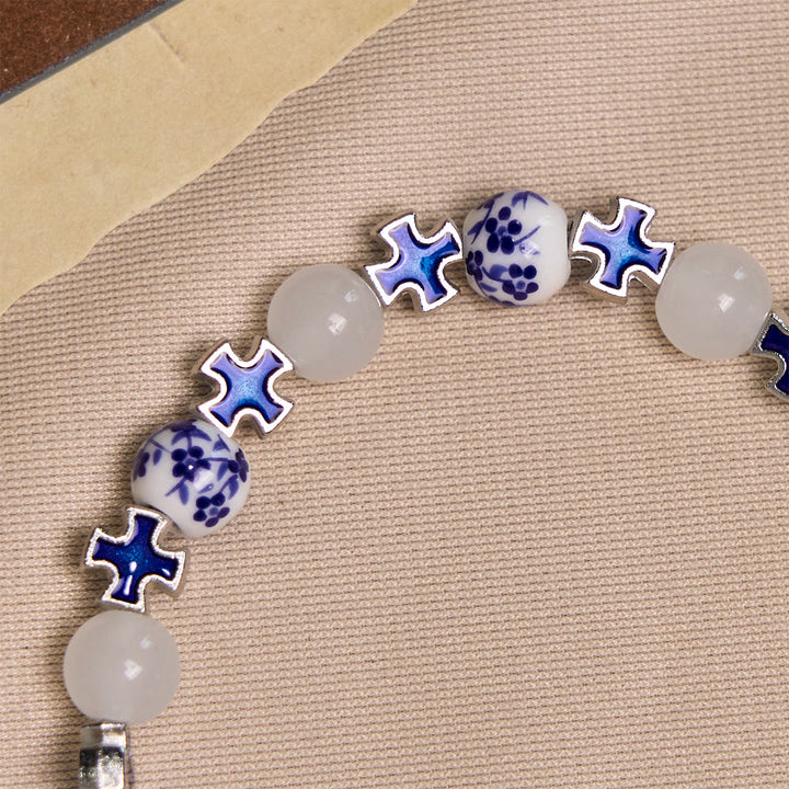 Christianartworkshop Elegant White and Blue Floral Bracelets Adorned by Miraculous Medal & Blue Cross - image 6