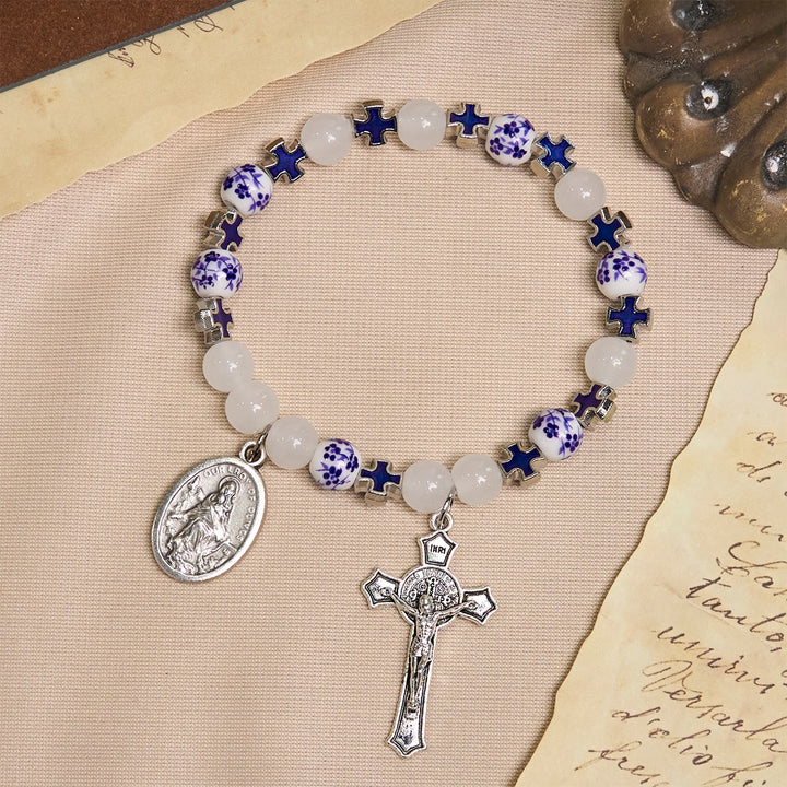 Christianartworkshop Elegant White and Blue Floral Bracelets Adorned by Miraculous Medal & Blue Cross - image 4