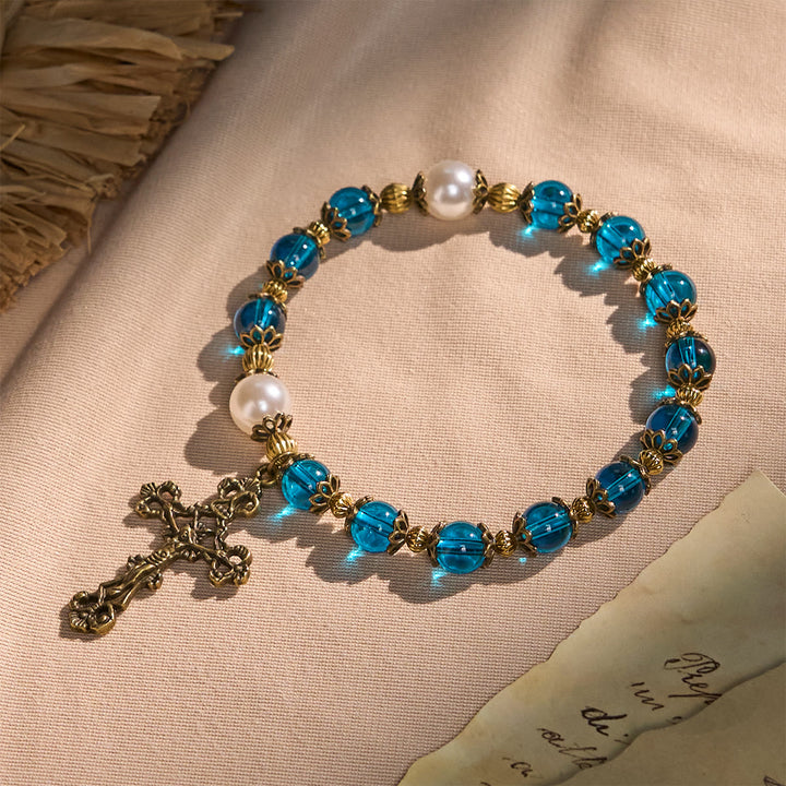 FREE Today: Spiritual Blue Gloss Bead Bracelets Featuring Sacred Brass Crucifix - Blue - image 1