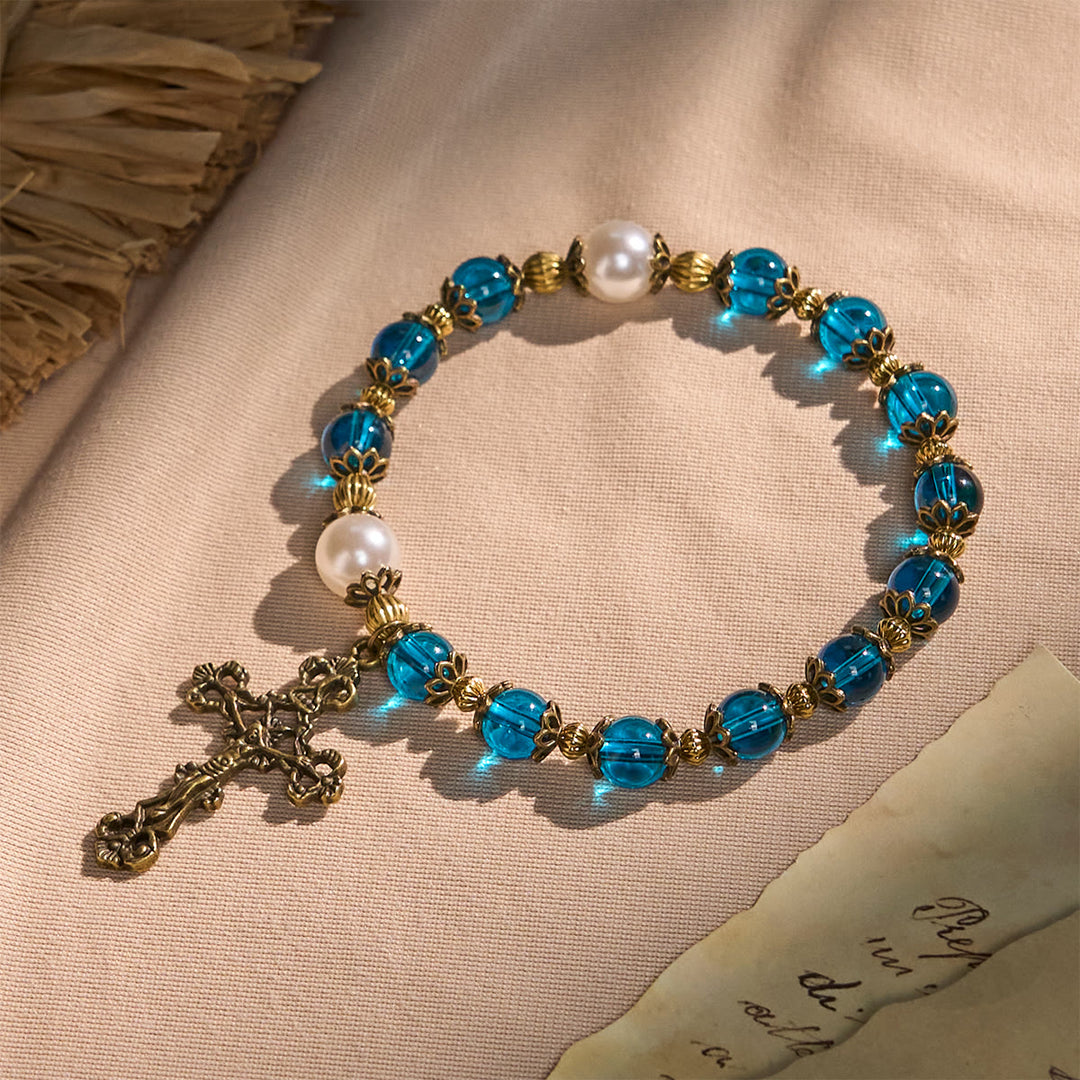 Christianartworkshop Spiritual Blue Gloss Bead Bracelets Featuring Sacred Brass Crucifix - Blue - image 0