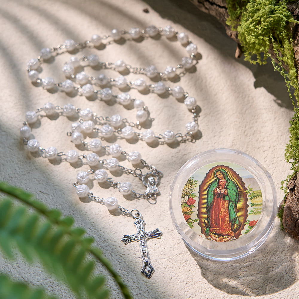 FREE Today: Elegant White Rose Devotional Beads Rosary with Our Lady Box for Blessings - Silver - image 2