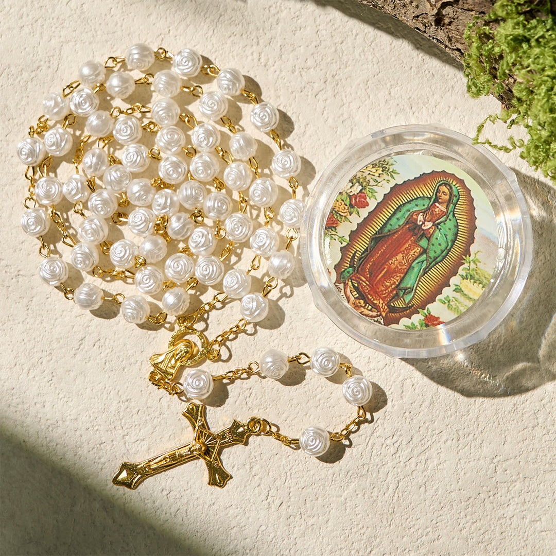 FREE Today: Elegant White Rose Devotional Beads Rosary with Our Lady Box for Blessings - image 3