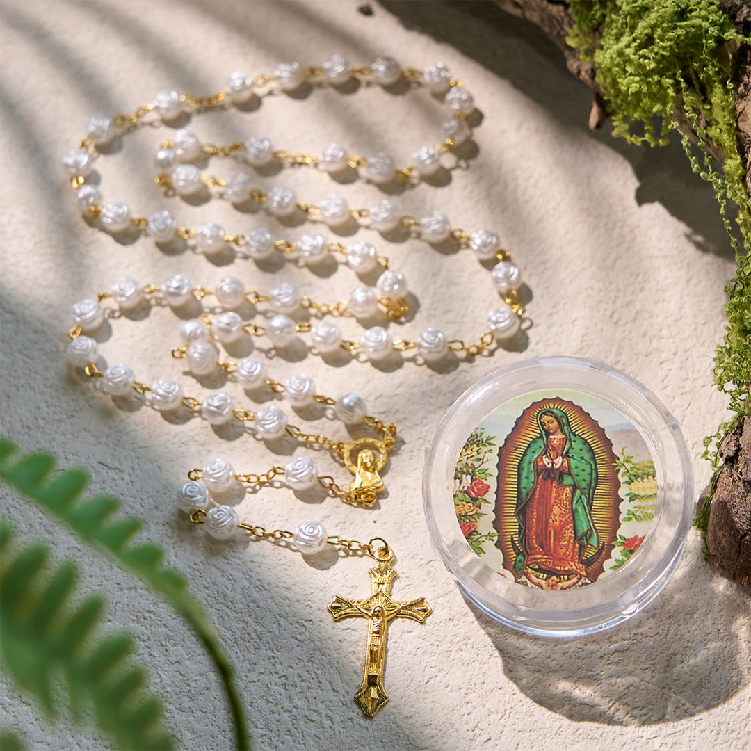 FREE Today: Elegant White Rose Devotional Beads Rosary with Our Lady Box for Blessings - Golden - image 1