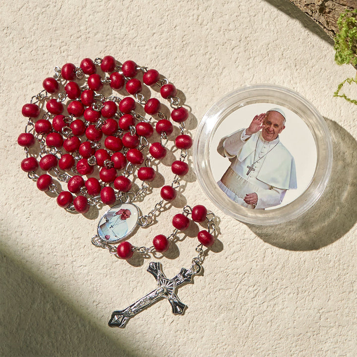 Christianartworkshop Divine Wooden Rosary in Red and White with Pope Francis Blessing Case - image 3