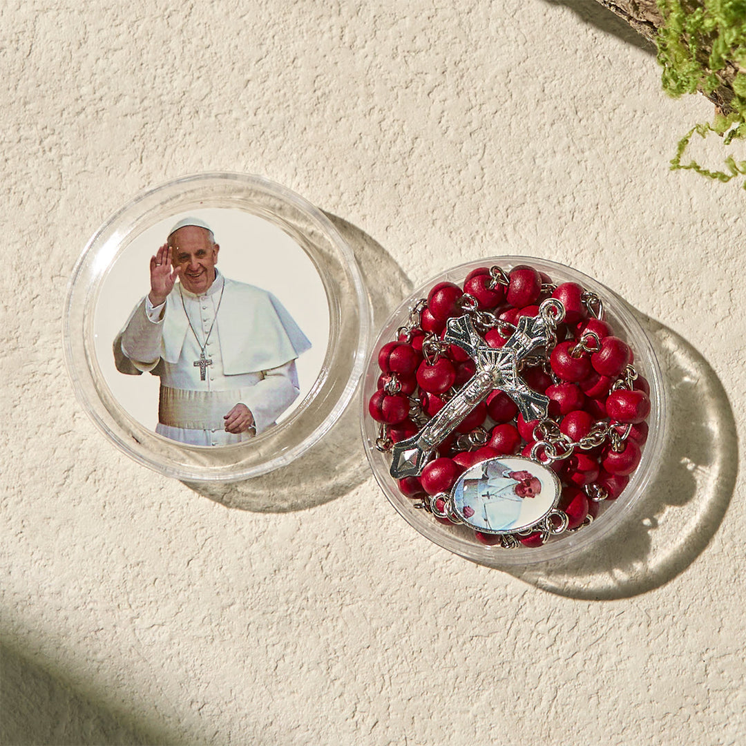 Christianartworkshop Divine Wooden Rosary in Red and White with Pope Francis Blessing Case - image 7