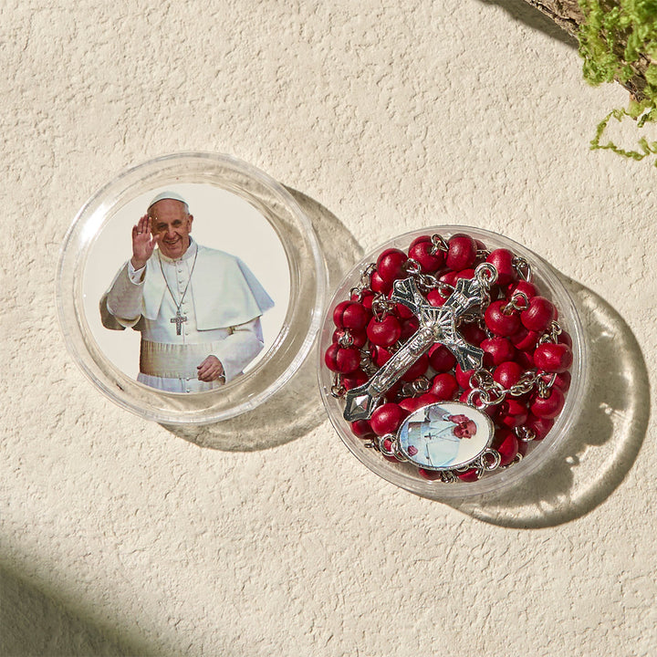 Christianartworkshop Divine Wooden Rosary in Red and White with Pope Francis Blessing Case - image 7