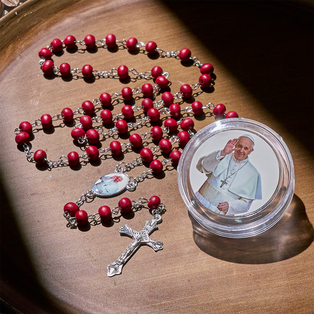 Christianartworkshop Divine Wooden Rosary in Red and White with Pope Francis Blessing Case - image 5