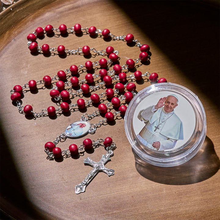 Christianartworkshop Divine Wooden Rosary in Red and White with Pope Francis Blessing Case - image 5