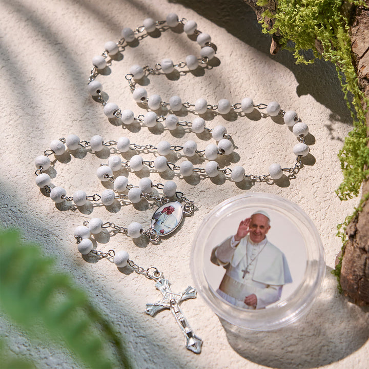 Christianartworkshop Divine Wooden Rosary in Red and White with Pope Francis Blessing Case - White - image 2
