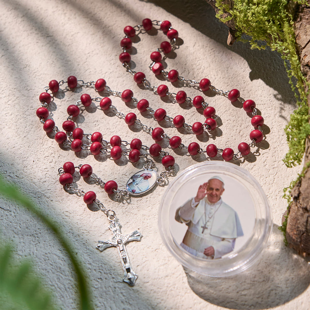 FREE Today: Divine Wooden Rosary in Red and White with Pope Francis Blessing Case - Red - image 1